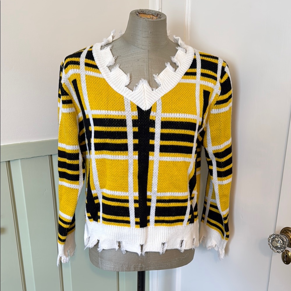 Yellow and Black Plaid Distressed Sweater